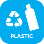 icon of a plastic bottle along with the recycling icon on a blue background